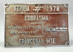 COLECIONISMO FERROVIÁRIO - PLACA DE IDENTIFICAÇÃO de LOCOMOTIVA da Estrada de Ferro Sorocabana foi uma companhia ferroviária brasileira. Permaneceu em atividade dejulhode1875atéoutubrode1971, quando foi extinta e incorporada à FEPASA - Ferrovia Paulista S/A. Peça Original - vide última foto da Locomotiva onde estava fixada a placa em questão.