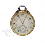RARÍSSIMO RELÓGIO DE BOLSO OMEGA ART DECO, EXTRA FINO, ESMALTADO EM OURO 18K. ANO DE 1923. CAIXA EM