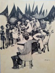 Desenho a nanquim, assinado pelo artista Campelo, datado 1971. Retrata grupo musical. Med.: 34,5 x 47 cm; Moldura em vidro: 65 x 53 x 2,5 cm
