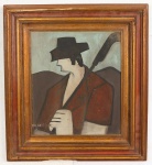 Quadro Óleo sobre Eucatex assinado Aguilar representando figura masculina estilizada com chapéu e en