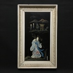 JAPÃO - Antiga pintura "Figurativa" sobre eucatex revestido em laca. Assinada. Artista não identificado. Dimensões: Aproximadamente 40 cm x 25 cm.