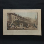 E. MASSARD - Antiga litografia Francesa " l ', Arriveé J'une Jiligence". Presença de marcas do tempo. Dimensões: 38 cm x 56 cm. 