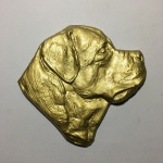 Aplique "Cabeça de rottweiler" em metal patinado de dourado. Dimensões: 13 cm x 13 cm.