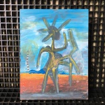 Pintura guache sobre eucatex " figurativo" assinado HDG. Dimensões: 24 cm x 23 cm.