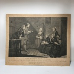 Antiga litogravura, fixada em papel cartão, La Malheureuse Famille Calas (A Família Calas Desgraçada) de Jean-Baptiste Delafosse (1721-1775) que retrata o encarceramento da família de Jean Calas, um comerciante de tecidos protestante francês de Toulouse. A obra foi criada em 1765, com base no desenho de Louis de Carrogis, conhecido como Carmontelle (1717-1806).  Dimensões: 37 cm x 47 cm.