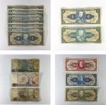 Parte de coleção contendo:Oito cédulas Brasileiras  de 1 cruzeiro com marcas de circulaçãoDuas notas de 2 cruzeiros de séries diferentes. Marcas de circulação.Três cédulas Brasileira de 10, 50 e 100 cruzados com marcas de circulação.Três notas Brasileiras "Cruzeiros" com pequenas marcas de circulação.