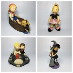 Lote contendo: Jovem menino com cão no barco feito com massa de biscuit. Presença de sinais do tempo. Dimensões: 23 cm x 31 cm x 13 cm. / Casal de noivos no carro feito com massa de biscuit. Presença de sinais do tempo. Dimensões: 15 cm x 18 cm x 17 cm. / Jovem menina feito com massa de biscuit. Presença de sinais do tempo. Dimensões: 25 cm. / Jovem bruxa feito com massa de biscuit. Presença de sinais do tempo. Dimensões: 15 cm.