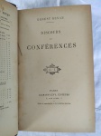 Le livre Discours et conférences, Paris 1922. Calmann-Lévy, Éditeurs. 3, Rue Auber, 3. L 'ouvrage qui est d' abord paru en 1887 rassemble des conférences très célèbres de RENAN dont Qu'est-ce qu' une nation ? , L' Islamisme et la science .  Tradução: O livro Discursos e conferências, Paris 1922. Calmann-Lévy, Editores. 3, Rua Auber, 3. A obra publicada pela primeira vez em 1887 reúne palestras célebres de RENAN, entre elas O que é uma nação? , Islamismo e ciência. Livro em frances com mais de 100 anos de existência, encadernação antiga, capa dura com pequeno dano, vendido no estado. Livro diferenciado DE COLEÇÃO PARTICULAR. Este exemplar de colecionador apresenta marcas do tempo e manuseio.