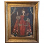 QUADRO - Escola Cusquenha - OST. Representando a Virgem da Candelária, a Virgem é representada ricamente vestida com tecidos adamascados e em uma das mãos segura a candeia e na outra o menino Deus na apresentação do menino Jesus no templo. Moldura patinada em ouro velho. Med. Moldura 53x43 cm e tela 38x28cm