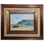Quadro - Óleo sobre eucatex representando paisagem costeira, assinado e datado cid  D. PALERMO 1977. Med. 57x48cm e tela 32x22cm.