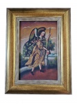 Quadro - Cusquenho, óleo sobre eucatex representando Arcanjo Rafael, com moldura dourada. Med. 29x19 cm (tela) e 43x33cm.