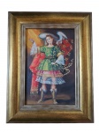 Quadro - Cusquenho, óleo sobre eucatex representando Anjo, moldura dourada. Med. 29x19 cm (tela) e 43x33cm.