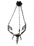 Antigo lustre pendente em metal, com três correntes. Med. 77x37 cm.