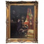 Quadro - Escola Europeia com cena de interior palaciano com personagem em trajes do século XVI - Óleo sobre tela assinado canto inferior esquerdo. Moldura de madeira estucada e dourada no estilo Regência.  Med. tela 105x76 cm. Assinatura não identificada. Moldura com perdas e broca.