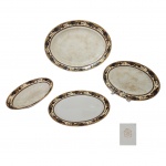 PORCELANA IMPERIAL IRONSTONE WARE N K T JAPAN - Quatro travessas ovais sendo uma alta, decoração Ming nas cores preto e dourado, marcado na base, produção meados da década de 30, uma travessa sem manchas,  Med. 36x26cm a 25x19cm