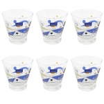 OCEAN- Lote com 6 copos em vidro com detalhes coloridos. Medidas: Altura 9cm e Diâmetro 9cm.