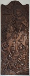 COELHO - Talha em madeira esculpida artesanalmente representando São Jorge. Obs: Com alguns furinhos na madeira. Medidas: 43 x 1,10 m.