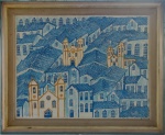 TONICO OURO PRETO - Quadro decorativo em aquarela, tema "Igrejas". Medida final: 65 x 80 cm.