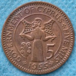 Moeda Chipre Five Milis 1955