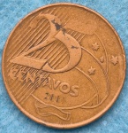 Moeda 25 Centavos 2001 com 5 Batida Dupla, Centavos, Número, Globo, Estrelas e Data