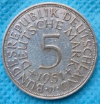 Moeda Prata 5 Mark Alemanha 1951 11gr Soberba Flor