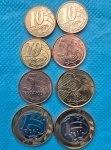 Lote 8 Moedas 1 Real 2018 e 2021, 25 Centavos 2020, 10 Centavos 2019, 2020 e 2022, 5 Centavos 2016 e 2023