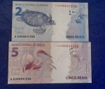 Kit 2 cédulas 2 e 5 Reais, Casal perfeito, mesma serie e números, FE, Raríssima, 1ª da Serie 0000