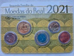 Cartela 5 moedas Real 5, 10, 25, 50 e 1 Real 2021 2ª Família do Real Casa da Moeda Original Flor de Cunho