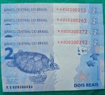 Lote 4 Cédula 2 Reais 2010 Segunda Família Serie Especial 0202 Seriada KE 0202 00252, 62, 72 e 92 Flor de Estampa