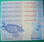 Lote 5 Cédula 2 Reais 2010 Segunda Família Serie Especial 0202 Seriada KE 0202 00230, 40, 50, 60 e 70 Flor de Estampa