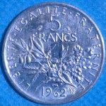 Moeda 5 Francs 1962 Prata Soberba Flor 11,5 gr