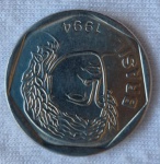 Moeda 25 centavos 1994 FE, reverso invertido