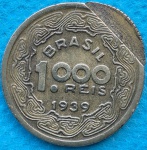Moeda 1000 Reis 1939 com Defeito Na Borda Bi Face Tobias Barreto