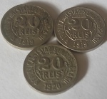 Kit 3 Moedas 20 Reis 1919 e 1920 Antiga