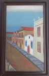 Belo Quadro Representando Casas e Rua de terra Em Moldura de Alto Relevo Com Desgastes do tempo como Nas fotos com Aproximadamente 44,5 x 27,4cm.