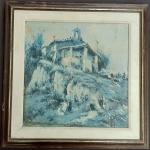 Antigo Quadro com desgastes do tempo Representando Paisagem com Igreja estampa 43cm x 43cm.