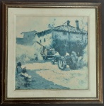 Antigo Quadro Estampa com marcas do tempo Representando Fazenda e Tratores Agrícolas com 43cm x 43cm.