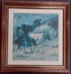 Antigo Quadro Estampa com marcas do tempo Representando Paisagem Casa no Campo e Trabalhadores com 47cm x 47cm.