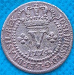 Moeda V Reis 1774 MBC Raríssima Coroa Alta Disco Fino Brasil Rex PE Pecunia Totum