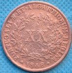 Moeda Portugal XX Reis Cobre 24gr 1848 Soberba Maria II Del Gratia