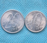 Lote 2 Moedas Alumínio 1965 10 e 20 Cruzeiros Flor de Cunho