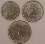 Kit 3 moedas nacionais 1 e 2 centavos 1975 e 5 centavos 1976 Alimentos Para o Mundo