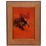 TIKASHI FUKUSHIMA- Composição em Fundo vermelho. Óleo s/ tela. Ass. cid. 40 x 27 cm (MI). 58 x 43 cm