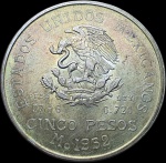 MÉXICO - 5 PESOS, 1952  PRATA 0.720, 27.78G,  40MM  KM# 467