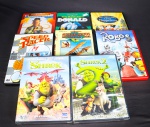 Lote com 9 DVDs infantis e de animação, incluindo títulos populares como Shrek 1 e 2 (lacrados), A E