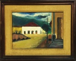 GM002, J. PANCETTI, ÓLEO SOBRE TELA, REPRESENTANDO CASARIO, MEDIDA INTERNA 46 X 32 CM, MEDIDA EXTERN