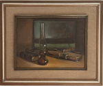 BLANCO Y COUTO - Obra em óleo sobre tela "violino e lamparina", assinada e datada 84 no canto superior esquerdo, proteção de paspatur de tecido e moldura de madeira. Medida da obra 32 x 42cm. Medida total 51 x 61cm.
