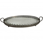 Bandeja para bebidas em metal vazado e cristal lapidado sobre madeira, formato ovalado com alças. Meados anos 50. Mede 48 x 31cm.