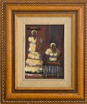 A. GIMENEZ - Acrilica sobre tela, "baianas", assinada no canto inferior esquerdo, protegido por moldura laqueada e paspatur. Inscrição no verso Artista plástica da sociedade de Belas Artes. Medida da obra 16 x 22cm. Medida total 35 x 41cm.