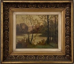 NERLOW - Antiga obra em óleo sobre cartão rígido, "paisagem europeia", assinada NERLOW no canto inferior direito, protegida por moldura de madeira entalhada com acabamento em folha de ouro. Medida da obra 22 x 27cm. Medida total 38 x 44cm.